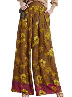 MAEVE Anthropologie Terrace Floral Wide Leg Pants Womens 2 PETITE Brown